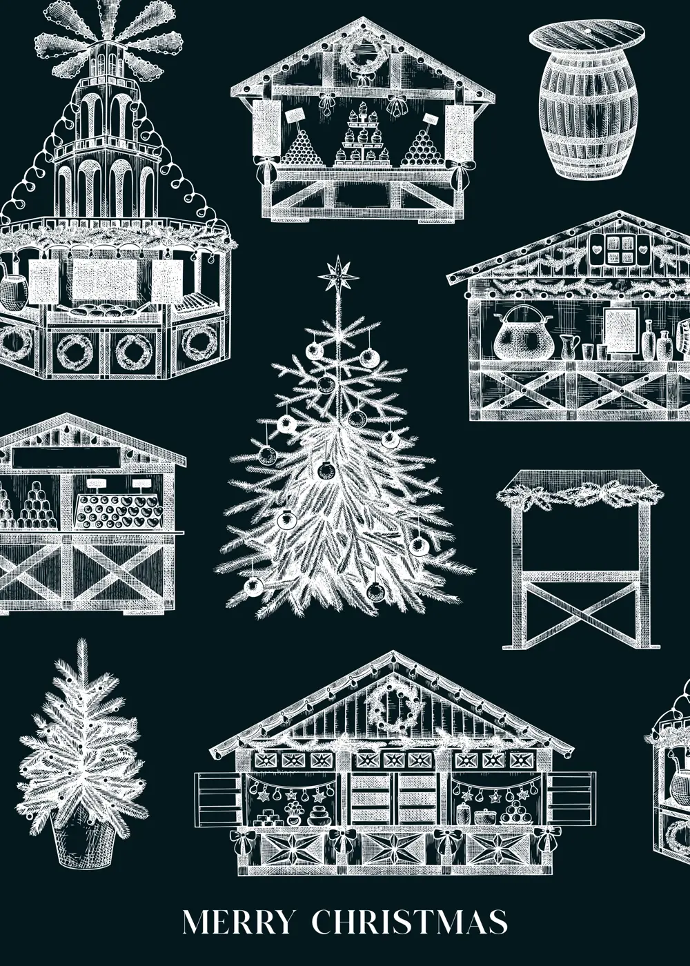 Christmas market frame design on chalkboard. Traditional European Christmas market with souvenir stalls, Christmas tree, candy shops sketches. Winter holidays invitation or greeting card template. Illustration